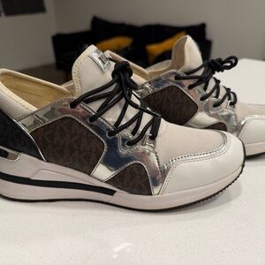 Michael Kors White, Silver, Brown MK Logo Wedge Sneakers 8.5w